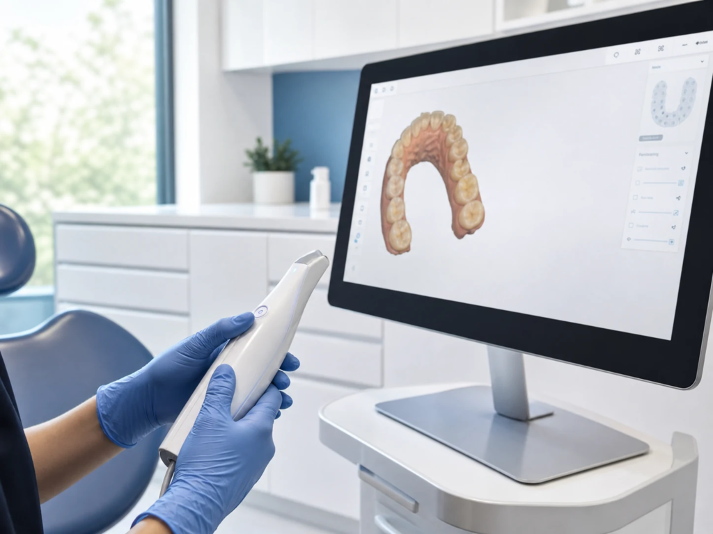 A clinician using an intraoral scanner beside a monitor displaying a 3D dental scan.