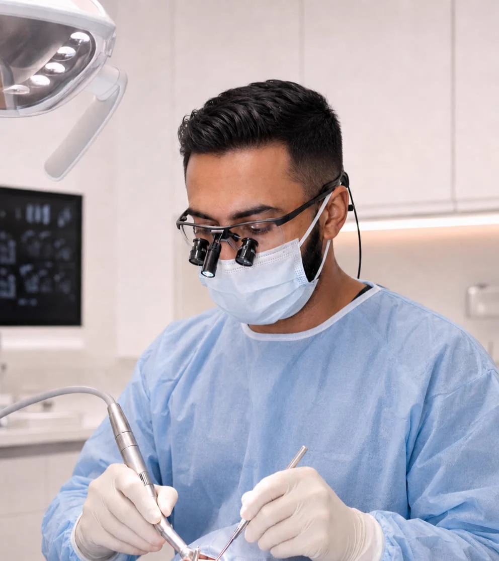 Dr Aadam Shaffique wearing magnification loupes while carrying out precise dental treatment.