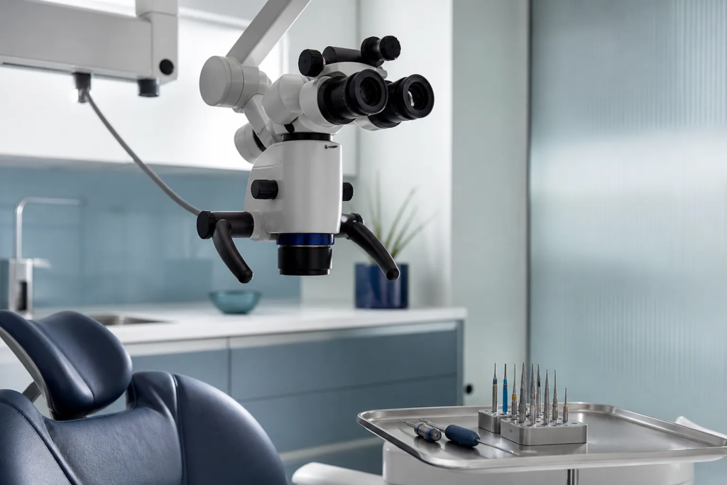 Advanced endodontic microscope and equipment used for complex root canal treatment