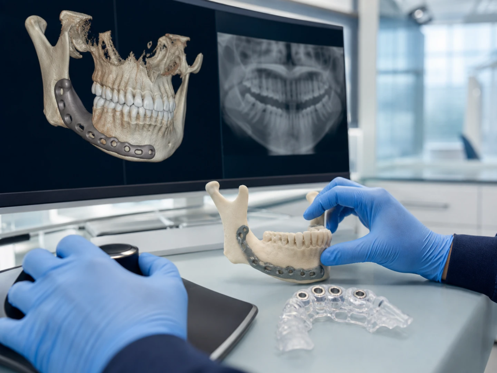 Blue-gloved hands comparing a 3D jaw model with digital oral-surgery scans displayed on a clinical monitor.