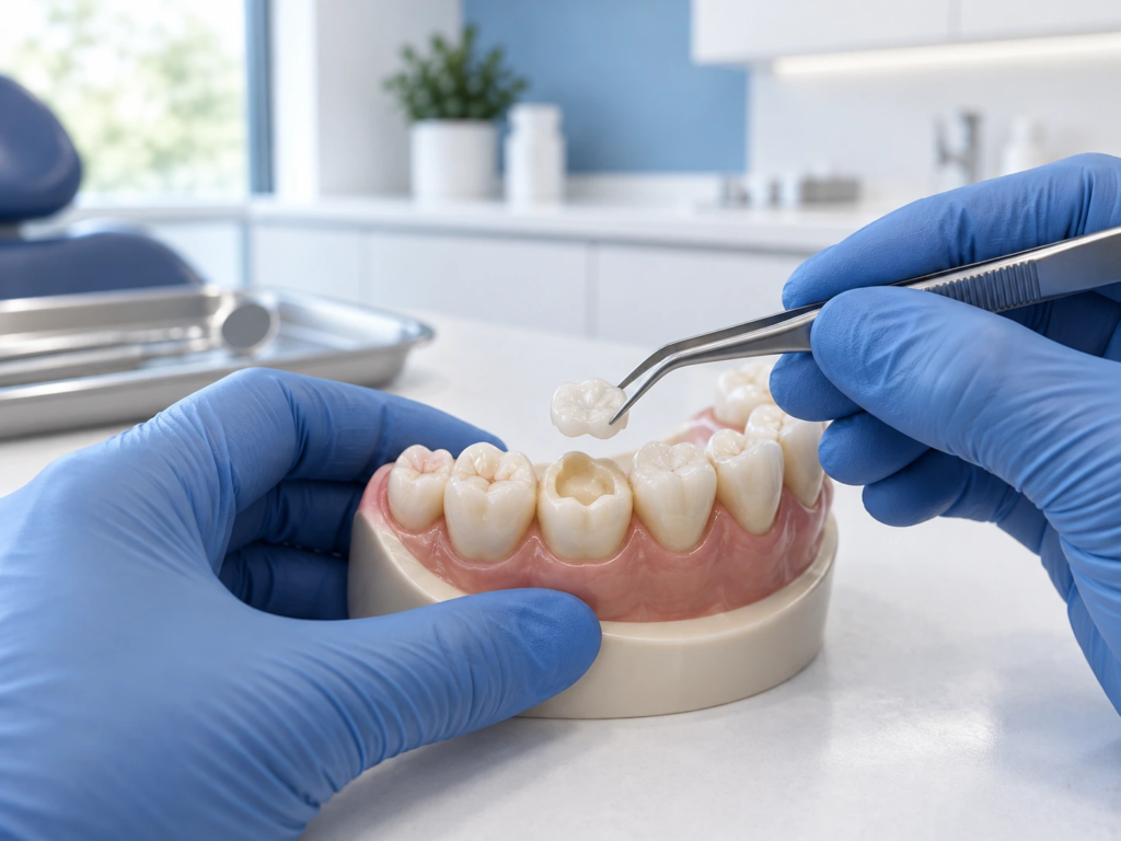 Gloved hands demonstrating a tooth-coloured ceramic restoration on a dental model.