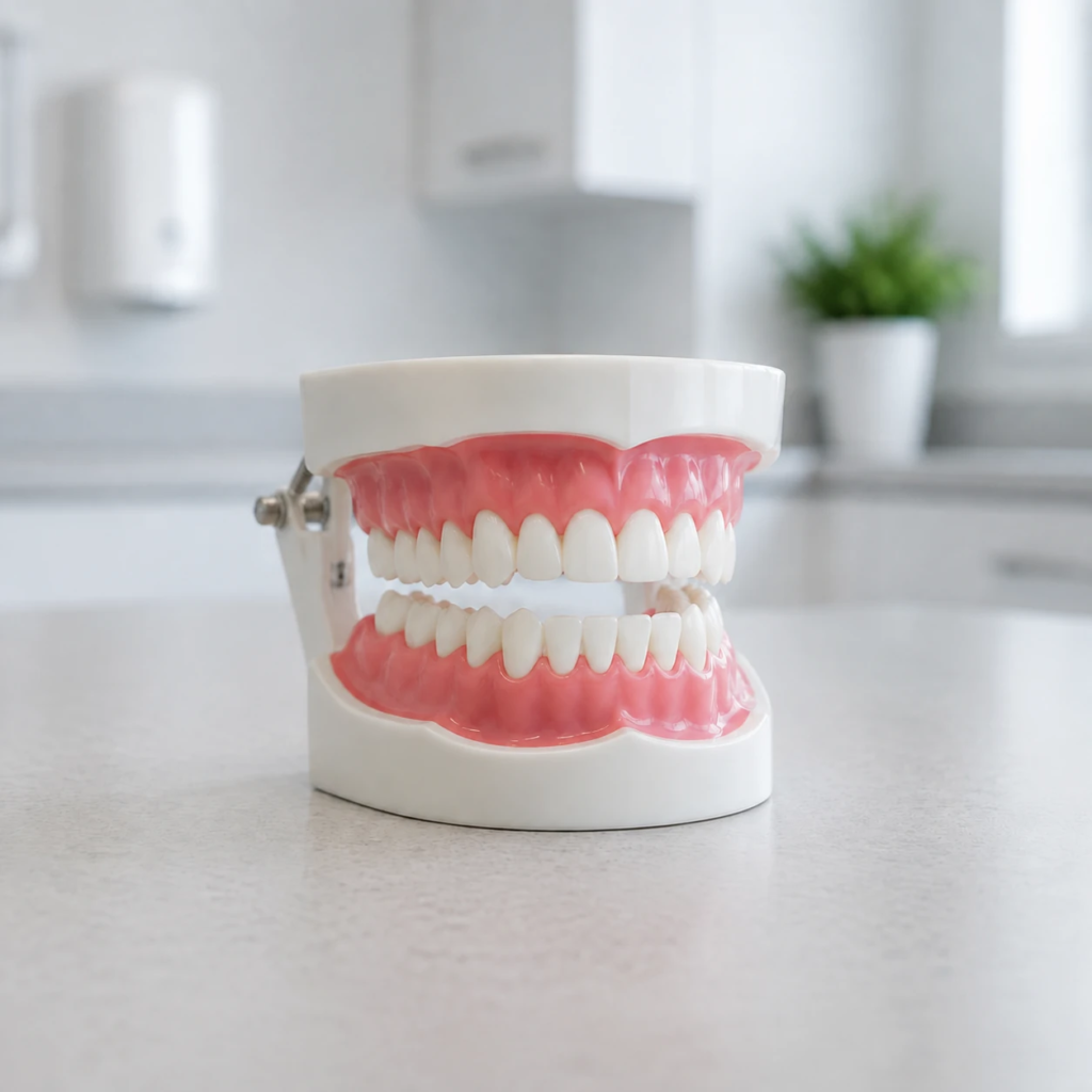 Dental model showing healthy teeth and pink gums, angled right on a clinic countertop.