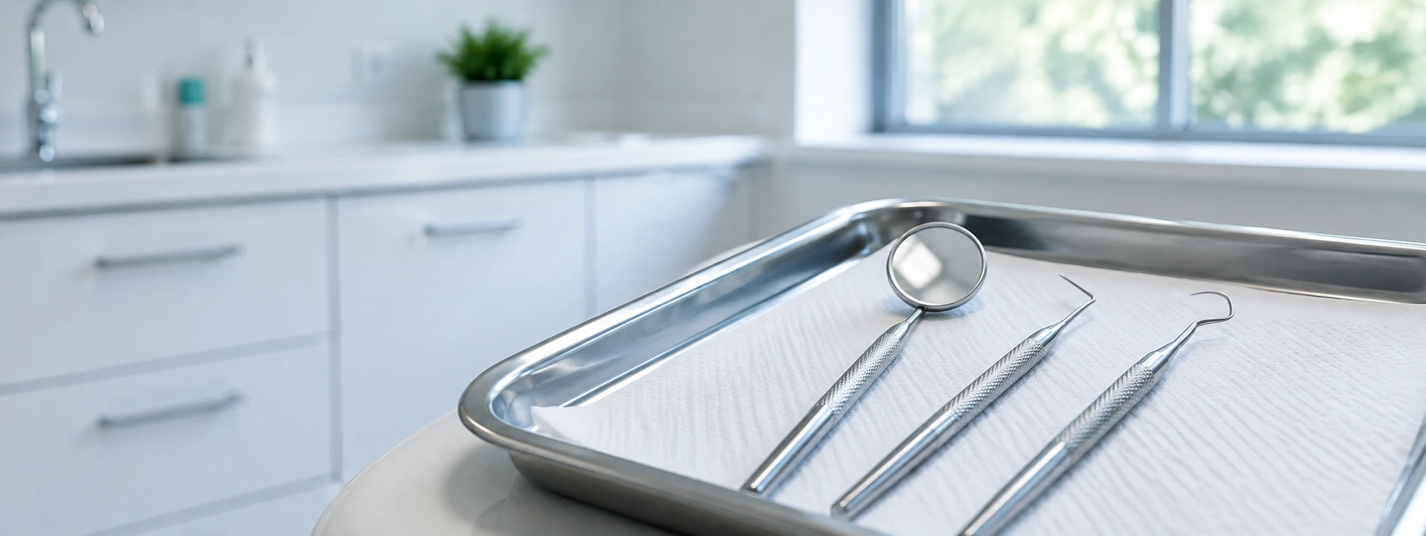 Dental mirror and periodontal instruments on a stainless-steel tray in a bright dental clinic.